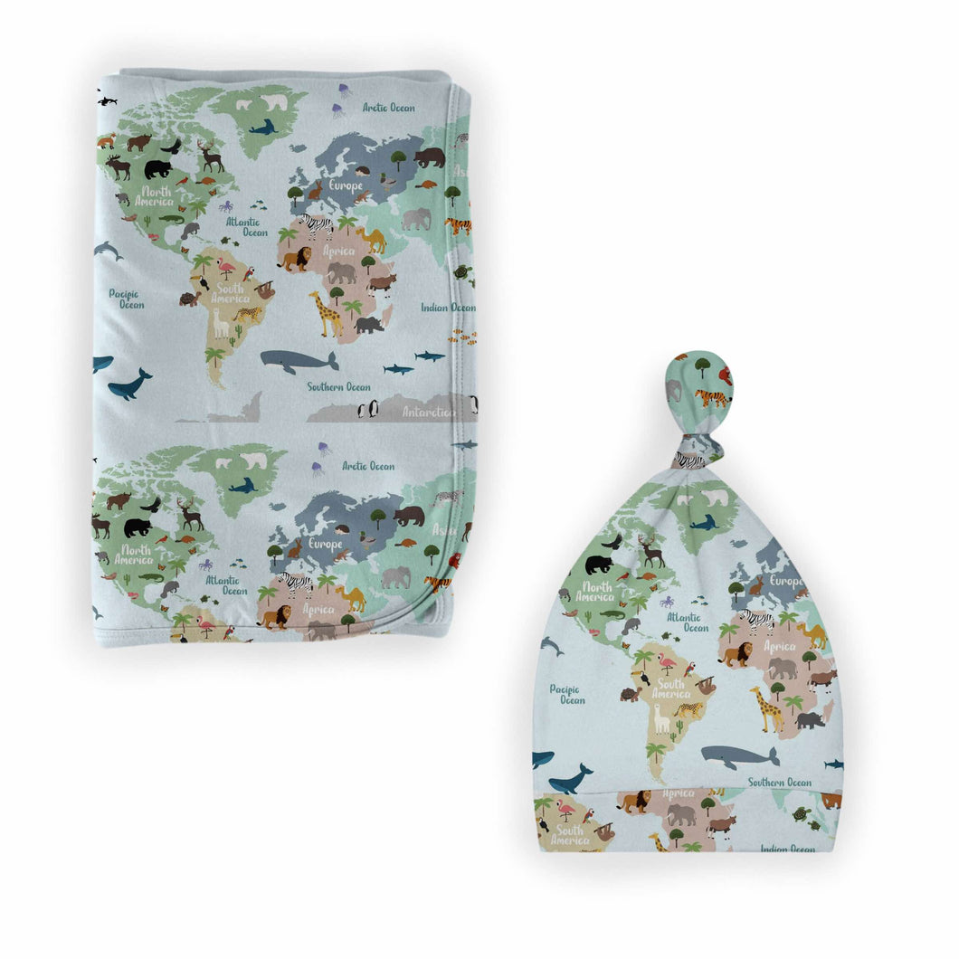World Map Swaddle with Hat